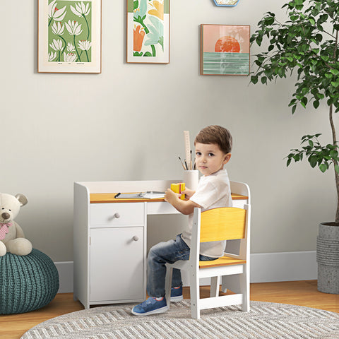 Conjunto de Secretária e Cadeira para Crianças Secretária Infantil com Cadeira Conjunto Infantil de 2 Peças com Gaveta e Armário para Quarto Sala Branco e Natural