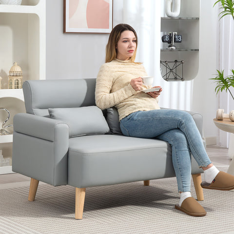Sofá de 2 Lugares Estofado em Couro Sintético Sofá de Sala de Estar de 117 cm com Braços Acolchoados e Pernas de Madeira para Quarto Sala de Estar 117x78x78 cm Cinza