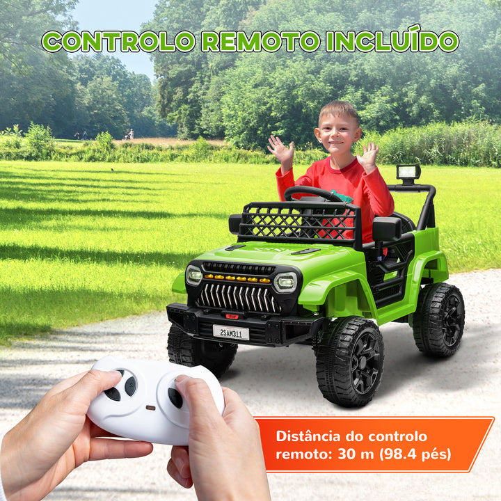 Carro Elétrico para Crianças acima de 3 Anos Carro Elétrico Infantil UTV Carro a Bateria 12V com Controlo Remoto Velocidade Ajustável USB Faróis e Buzina 95x62,5x65 cm Verde
