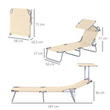 Espreguiçadeira de Jardim Dobrável com Toldo Removível e Ajustável em Ângulo e Encosto Ajustável em 4 Posições para Jardim Terraço Campismo Exterior 187x58x36 cm Bege