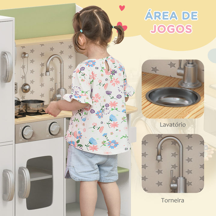 Cozinha de Madeira para Crianças de 3-6 Anos Cozinha Infantil com Máquina de Gelo Lavatório de Aço Inoxidável e Utensílios 84x34x89 cm Branco