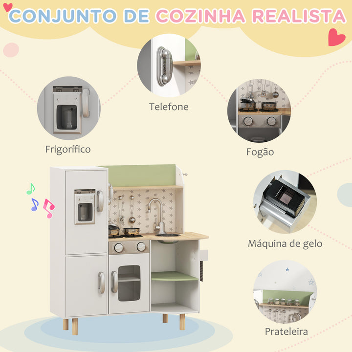 Cozinha de Madeira para Crianças de 3-6 Anos Cozinha Infantil com Máquina de Gelo Lavatório de Aço Inoxidável e Utensílios 84x34x89 cm Branco