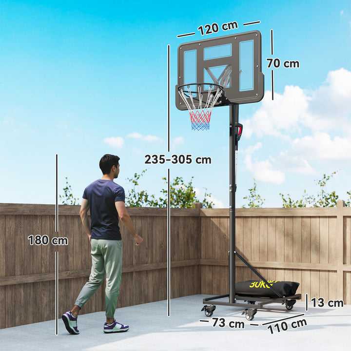 Tabela de Basquetebol para Exterior Altura Ajustável 235-305 cm Tabela de Basquetebol Portátil com Placa Irrompível 110 cm Saco de Peso e Rodas para Adolescentes e Adultos Preto