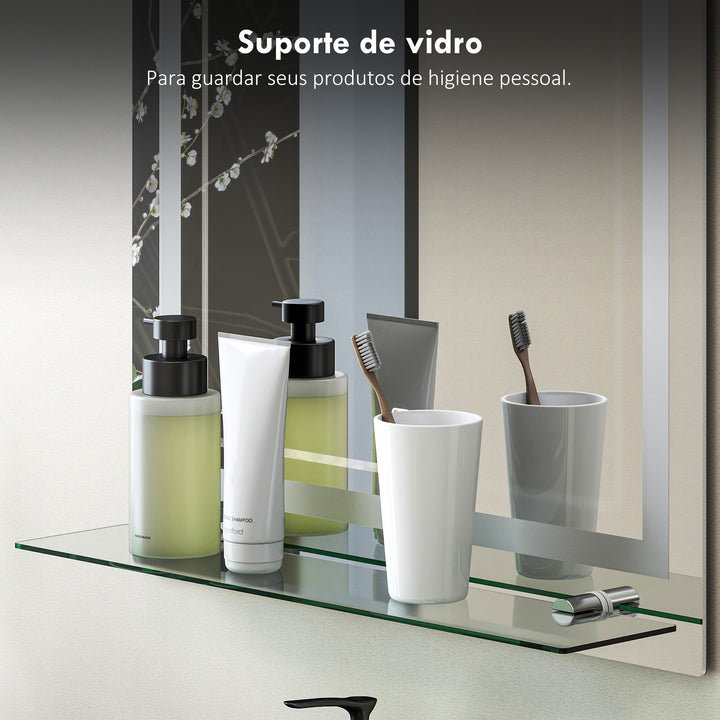 Espelho de Casa de Banho com Luzes LED 60x80 cm Espelho de Parede 3 Cores de Luz Brilho Ajustável Prateleira de Vidro Função de Memória Interruptor Tátil IP44 Vertical Prata