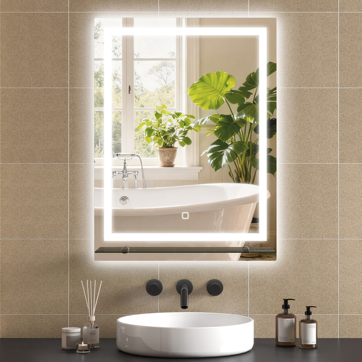 Espelho de Casa de Banho com Luzes LED 60x80 cm Espelho de Parede 3 Cores de Luz Brilho Ajustável Prateleira de Vidro Função de Memória Interruptor Tátil IP44 Vertical Prata