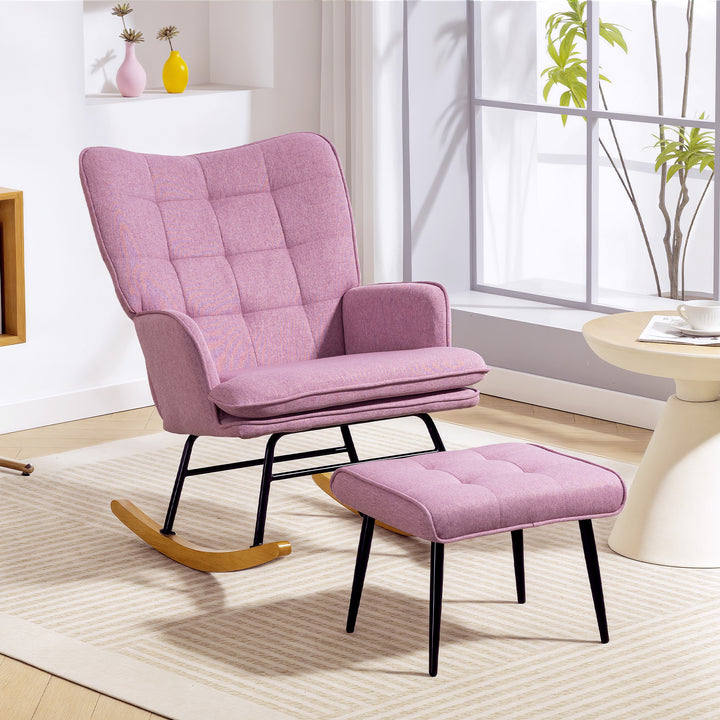 Conjunto de Poltrona Baloiço com Apoio para os Pés Poltrona Relax com Almofada Acolchoada e Anti-Tombo Carga 130 kg Sala de Estar Dormitório 64x89x90 cm Rosa