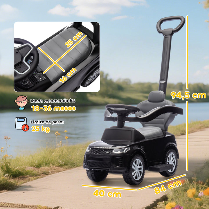 Carro Andador 2 em 1 para Crianças de 18-36 Meses Carro Andador Land Rover Discovery com Espaço de Armazenamento Buzina Volante Pega de Empurrar e Barra Removíveis 84x40x94,5 cm Preto