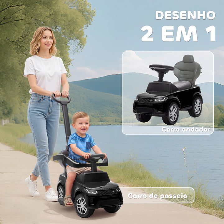 Carro Andador 2 em 1 para Crianças de 18-36 Meses Carro Andador Land Rover Discovery com Espaço de Armazenamento Buzina Volante Pega de Empurrar e Barra Removíveis 84x40x94,5 cm Preto