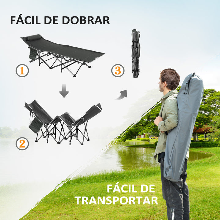 Cama de Campismo Dobrável Cama de Campismo com Almofada Bolso Lateral Bolsa de Transporte e Estrutura de Aço Carga Máxima 150 kg para Praia Trilha 188x64,5x53 cm Preto e Azul Escuro