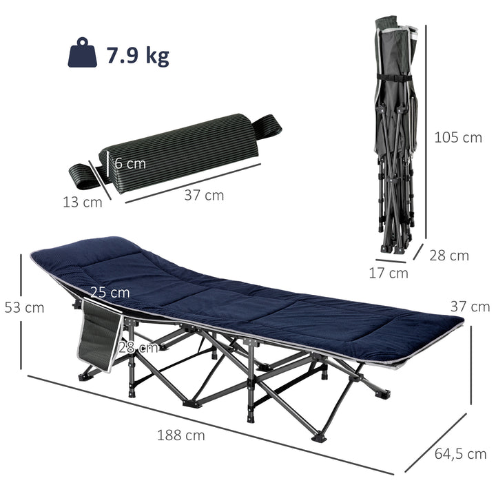 Cama de Campismo Dobrável Cama de Campismo com Almofada Bolso Lateral Bolsa de Transporte e Estrutura de Aço Carga Máxima 150 kg para Praia Trilha 188x64,5x53 cm Preto e Azul Escuro