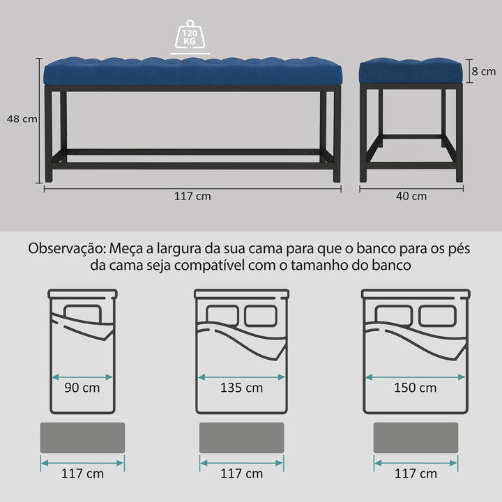 Banco ao Pé da Cama Estofado em Veludo Banqueta para Quarto Design Capitoné Base de Metal Banco para Quarto Entrada Sala 117x40x48 cm Azul Escuro