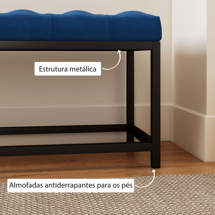 Banco ao Pé da Cama Estofado em Veludo Banqueta para Quarto Design Capitoné Base de Metal Banco para Quarto Entrada Sala 117x40x48 cm Azul Escuro