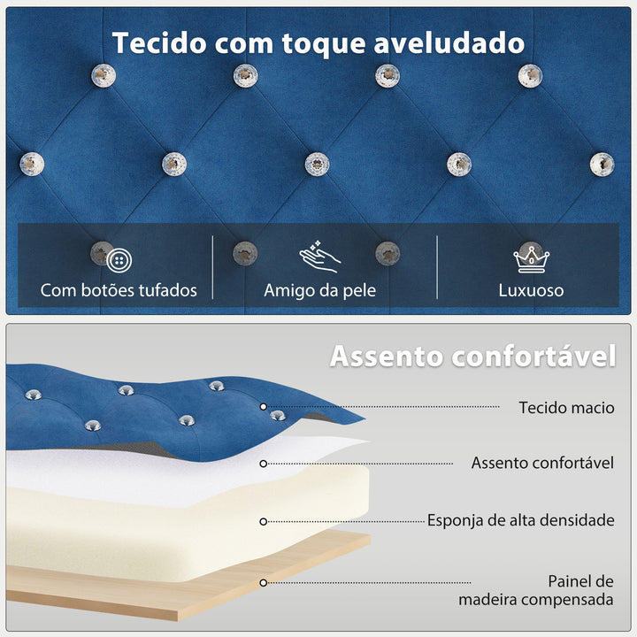 Banco ao Pé da Cama Estofado em Veludo Banqueta para Quarto Design Capitoné Base de Metal Banco para Quarto Entrada Sala 117x40x48 cm Azul Escuro