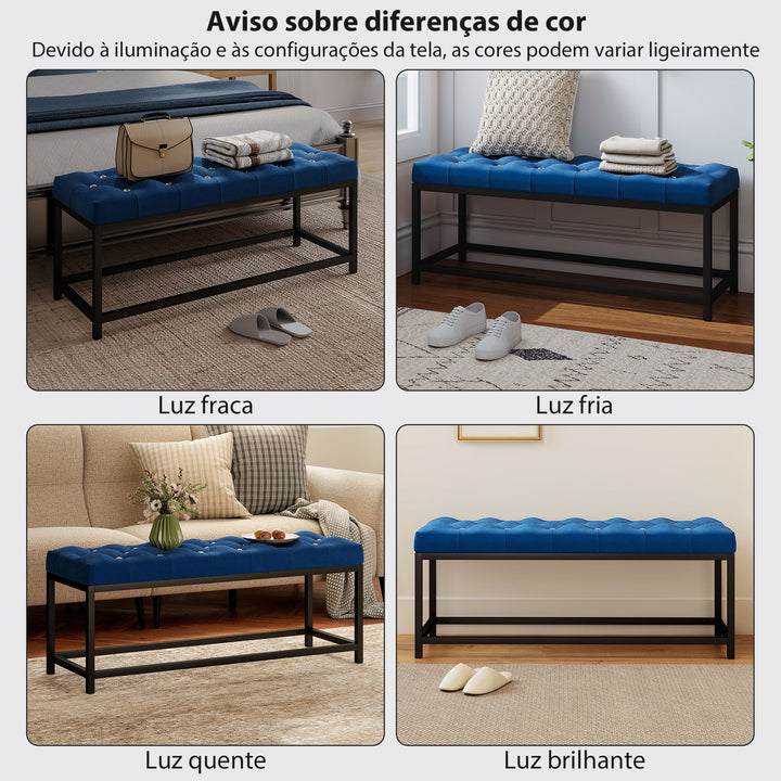 Banco ao Pé da Cama Estofado em Veludo Banqueta para Quarto Design Capitoné Base de Metal Banco para Quarto Entrada Sala 117x40x48 cm Azul Escuro