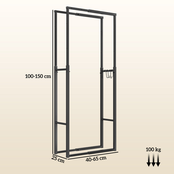 Suporte para Lenha Extensível Suporte para Lenha Metálico com 4 Ganchos Carga Máxima 100 kg para Interior e Exterior 40-65x25x100-150 cm Preto