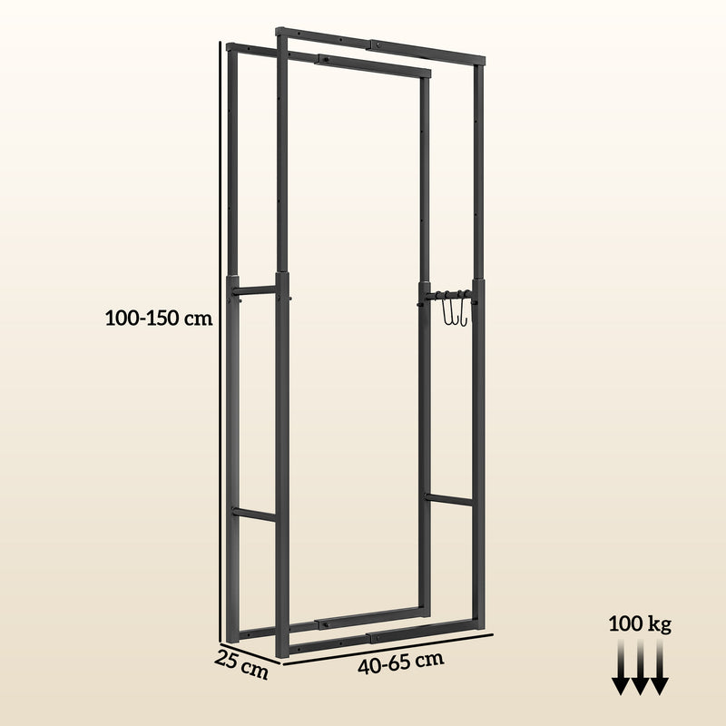 Suporte para Lenha Extensível Suporte para Lenha Metálico com 4 Ganchos Carga Máxima 100 kg para Interior e Exterior 40-65x25x100-150 cm Preto