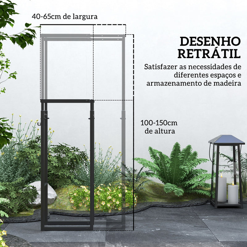 Suporte para Lenha Extensível Suporte para Lenha Metálico com 4 Ganchos Carga Máxima 100 kg para Interior e Exterior 40-65x25x100-150 cm Preto