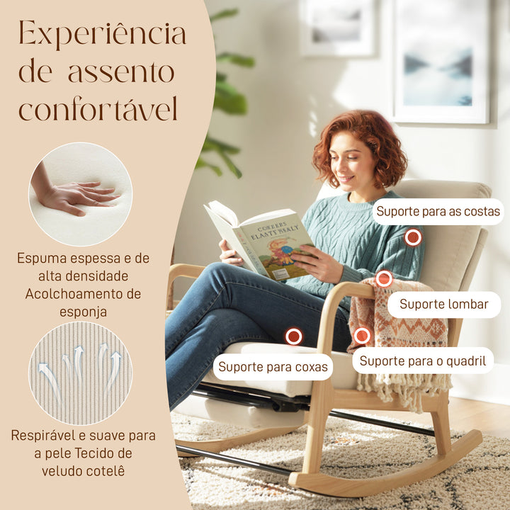 Cadeira de Baloiço com Apoio para Pés, Encosto Ajustável, Poltrona de Veludo Nórdica, Pés de Madeira, Apoios de Braços, Almofada Lombar, Poltrona de Relaxamento, Carga Máxima 120 kg, para Quarto, Sala, Creme
