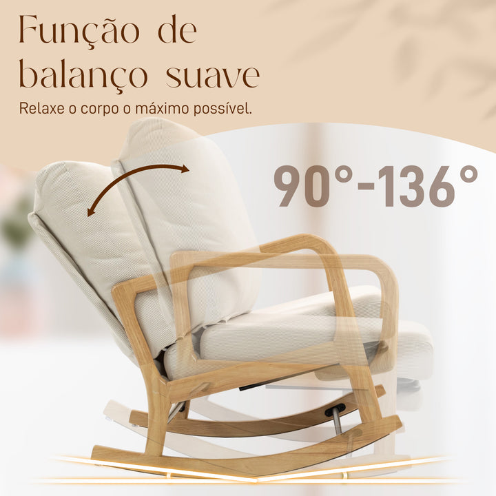 Cadeira de Baloiço com Apoio para Pés, Encosto Ajustável, Poltrona de Veludo Nórdica, Pés de Madeira, Apoios de Braços, Almofada Lombar, Poltrona de Relaxamento, Carga Máxima 120 kg, para Quarto, Sala, Creme