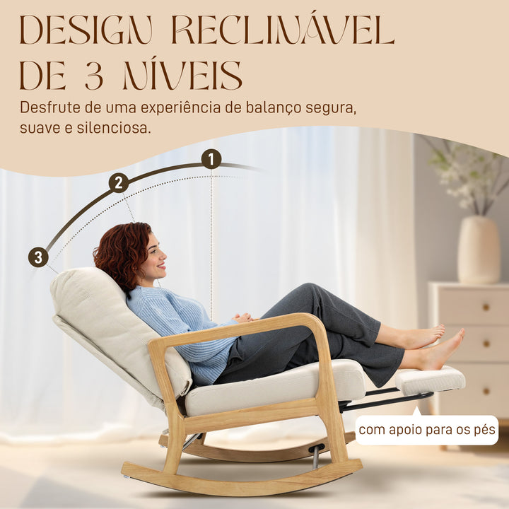 Cadeira de Baloiço com Apoio para Pés, Encosto Ajustável, Poltrona de Veludo Nórdica, Pés de Madeira, Apoios de Braços, Almofada Lombar, Poltrona de Relaxamento, Carga Máxima 120 kg, para Quarto, Sala, Creme