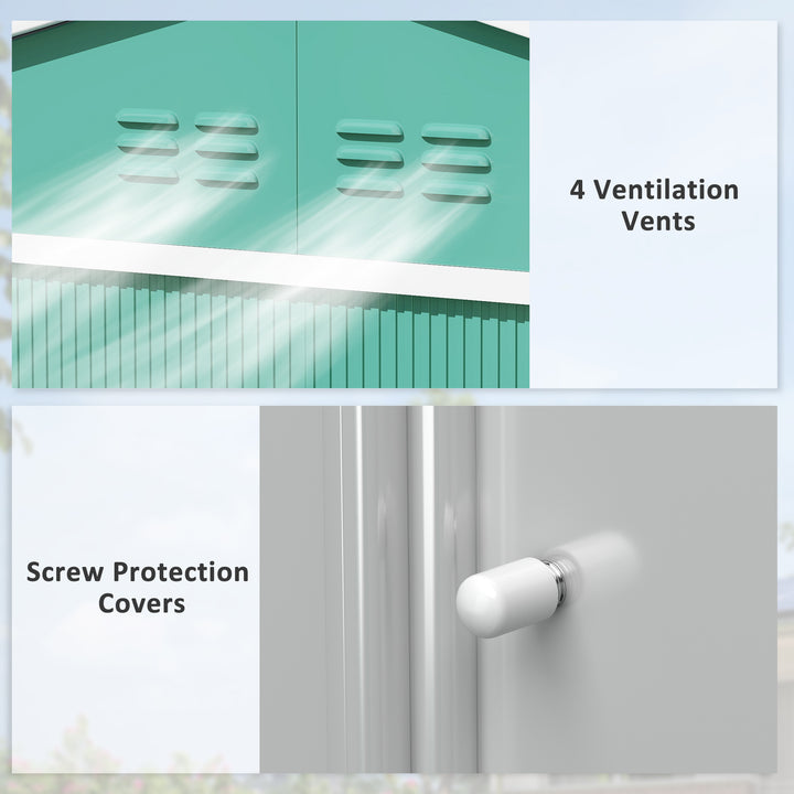 Abrigo de Jardim Exterior 4,9 m² 277x195x192cm Abrigo e Jardim Metálico para Armazenamento de Ferramentas com Base Incluída (Chão não Incluído) e 4 Janelas Verde Escuro