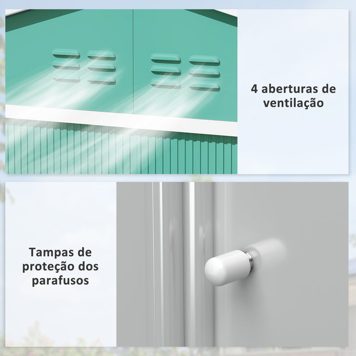 Abrigo de Jardim Exterior 4,9 m² 277x195x192cm Abrigo e Jardim Metálico para Armazenamento de Ferramentas com Base Incluída (Chão não Incluído) e 4 Janelas Verde Escuro
