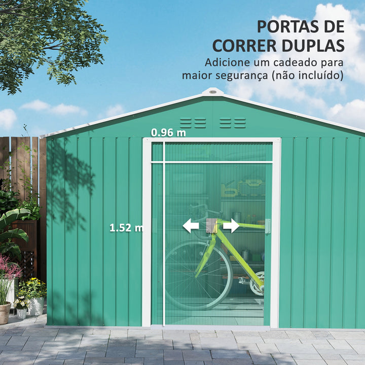 Abrigo de Jardim Exterior 4,9 m² 277x195x192cm Abrigo e Jardim Metálico para Armazenamento de Ferramentas com Base Incluída (Chão não Incluído) e 4 Janelas Verde Escuro