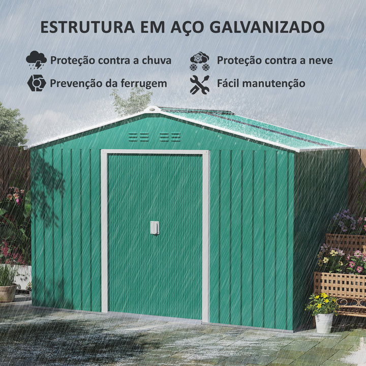 Abrigo de Jardim Exterior 4,9 m² 277x195x192cm Abrigo e Jardim Metálico para Armazenamento de Ferramentas com Base Incluída (Chão não Incluído) e 4 Janelas Verde Escuro