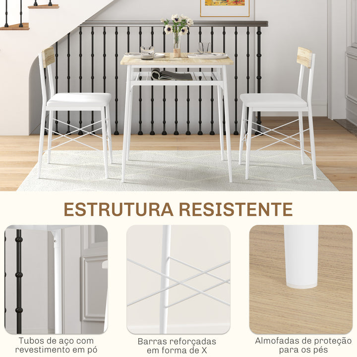 Conjunto de Refeição de 3 Peças Conjunto 1 Mesa de Cozinha 70x70x75 cm e 2 Cadeiras 40x50x80 cm com Prateleira de Armazenamento e Estrutura de Aço Branco e Madeira