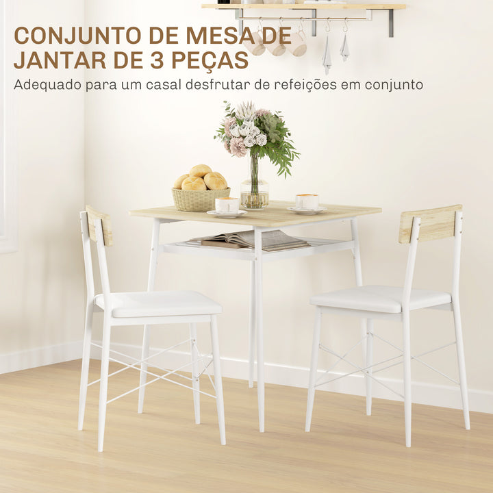 Conjunto de Refeição de 3 Peças Conjunto 1 Mesa de Cozinha 70x70x75 cm e 2 Cadeiras 40x50x80 cm com Prateleira de Armazenamento e Estrutura de Aço Branco e Madeira