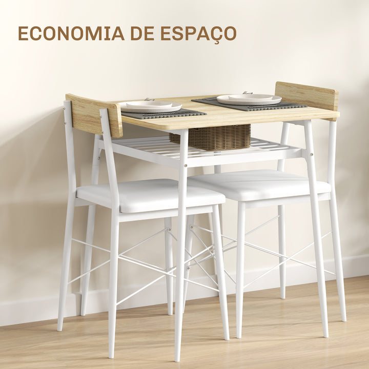 Conjunto de Refeição de 3 Peças Conjunto 1 Mesa de Cozinha 70x70x75 cm e 2 Cadeiras 40x50x80 cm com Prateleira de Armazenamento e Estrutura de Aço Branco e Madeira
