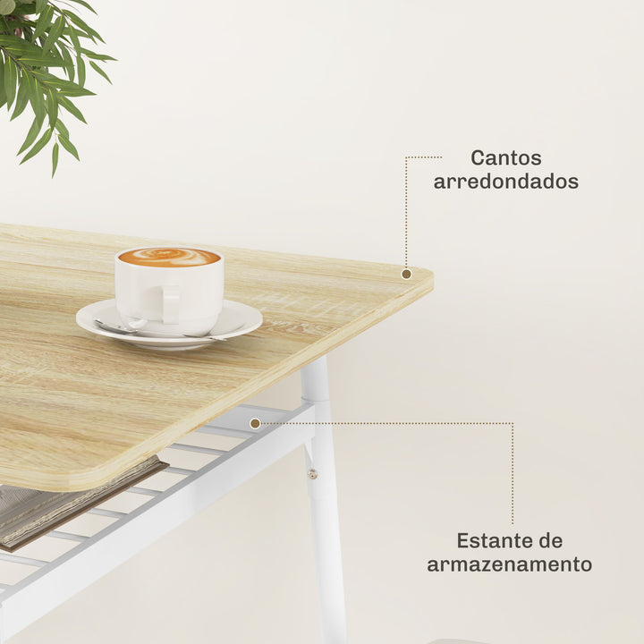 Conjunto de Refeição de 3 Peças Conjunto 1 Mesa de Cozinha 70x70x75 cm e 2 Cadeiras 40x50x80 cm com Prateleira de Armazenamento e Estrutura de Aço Branco e Madeira