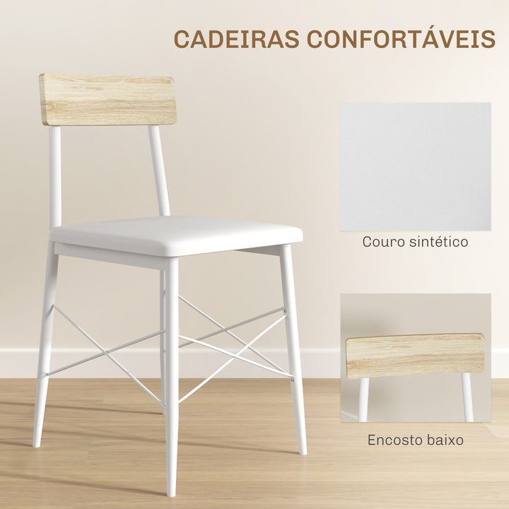 Conjunto de Refeição de 3 Peças Conjunto 1 Mesa de Cozinha 70x70x75 cm e 2 Cadeiras 40x50x80 cm com Prateleira de Armazenamento e Estrutura de Aço Branco e Madeira