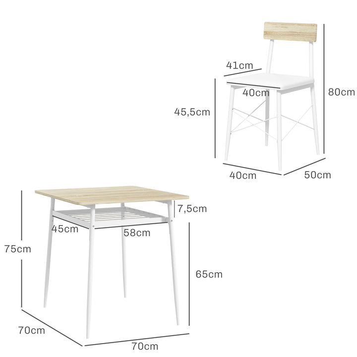 Conjunto de Refeição de 3 Peças Conjunto 1 Mesa de Cozinha 70x70x75 cm e 2 Cadeiras 40x50x80 cm com Prateleira de Armazenamento e Estrutura de Aço Branco e Madeira