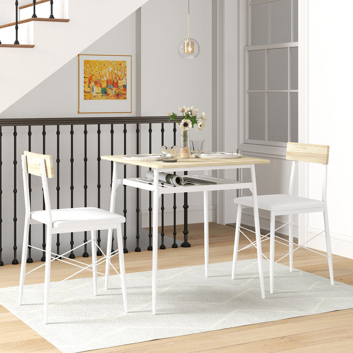 Conjunto de Refeição de 3 Peças Conjunto 1 Mesa de Cozinha 70x70x75 cm e 2 Cadeiras 40x50x80 cm com Prateleira de Armazenamento e Estrutura de Aço Branco e Madeira