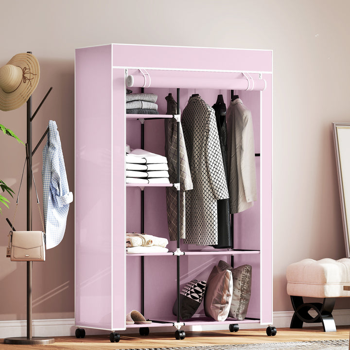 Roupeiro de Tecido Dobrável Armário de Roupa Portátil com 6 Prateleiras 1 Barra de Pendurar e Rodas para Dormitório Vestidor 103x43x162,5 cm Rosa