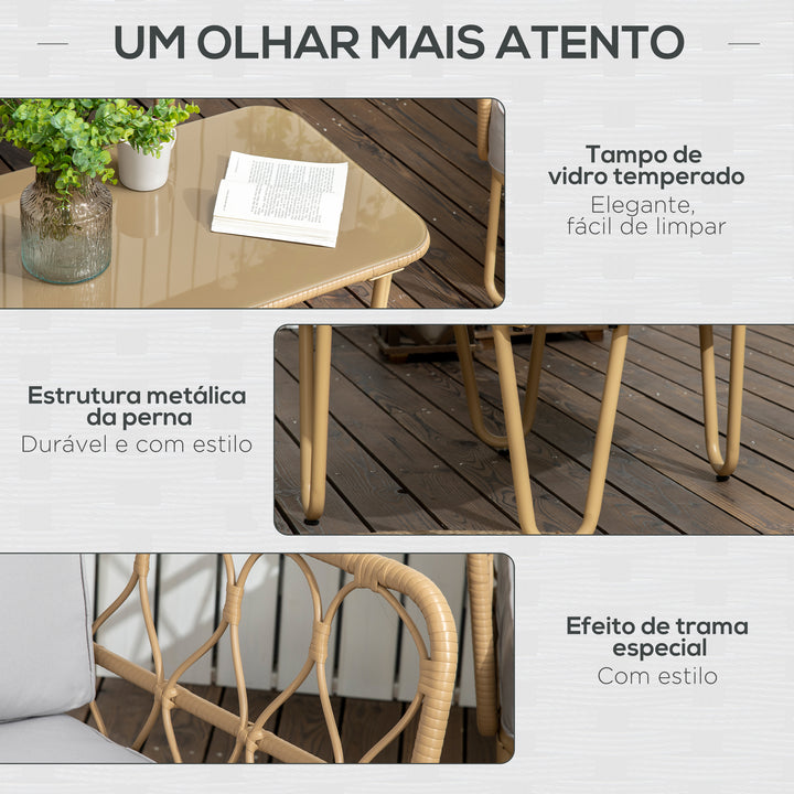 Conjunto de Jardim de 4 Peças em Vime Sintético com 2 Poltronas 1 Sofá de 2 Lugares 1 Mesa de Centro e Almofadas Natural e Cinza