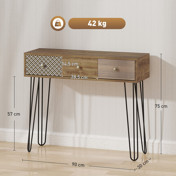 Mesa Consola com 3 Gavetas Consola Estreita para Entrada com Pés de Aço Tipo Garfo para Sala de Estar Corredor Entrada 90x30x75 cm Madeira