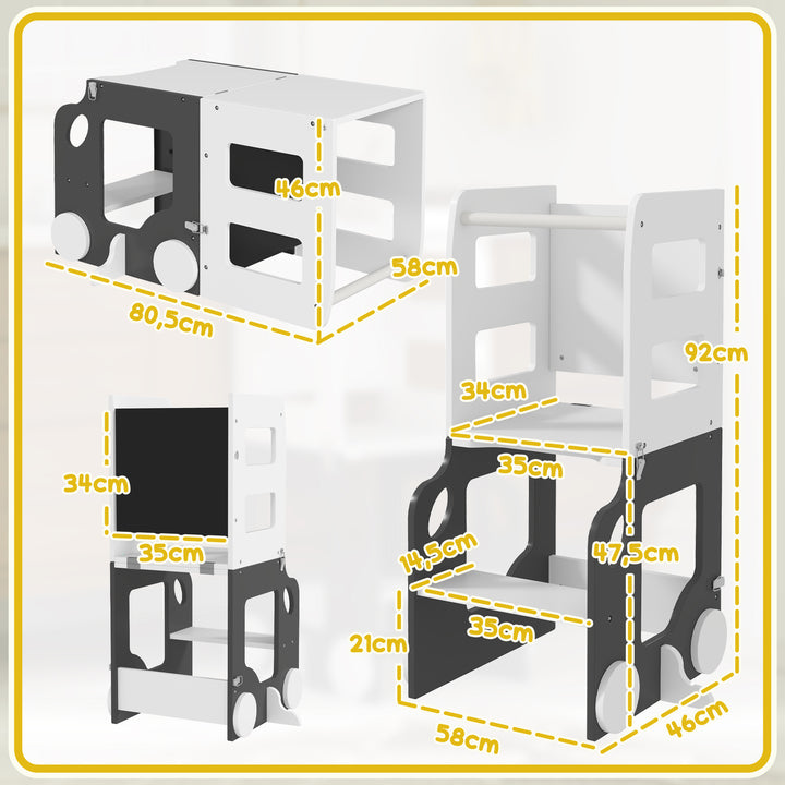 Torre de Aprendizagem 4 em 1 Torre de Aprendizagem para Crianças acima de 3 Anos em Forma de Carro Convertível em Mesa e Cadeira com Ardósia Barreira de Segurança 58x46x92 cm Branco e Cinza