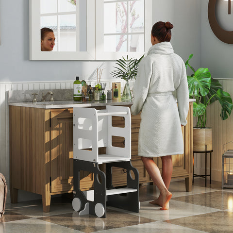 Torre de Aprendizagem 4 em 1 Torre de Aprendizagem para Crianças acima de 3 Anos em Forma de Carro Convertível em Mesa e Cadeira com Ardósia Barreira de Segurança 58x46x92 cm Branco e Cinza