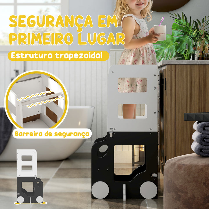 Torre de Aprendizagem 4 em 1 Torre de Aprendizagem para Crianças acima de 3 Anos em Forma de Carro Convertível em Mesa e Cadeira com Ardósia Barreira de Segurança 58x46x92 cm Branco e Cinza