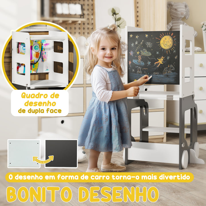 Torre de Aprendizagem 4 em 1 Torre de Aprendizagem para Crianças acima de 3 Anos em Forma de Carro Convertível em Mesa e Cadeira com Ardósia Barreira de Segurança 58x46x92 cm Branco e Cinza