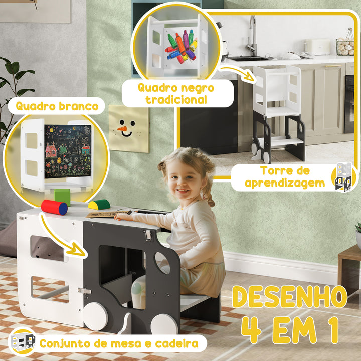 Torre de Aprendizagem 4 em 1 Torre de Aprendizagem para Crianças acima de 3 Anos em Forma de Carro Convertível em Mesa e Cadeira com Ardósia Barreira de Segurança 58x46x92 cm Branco e Cinza