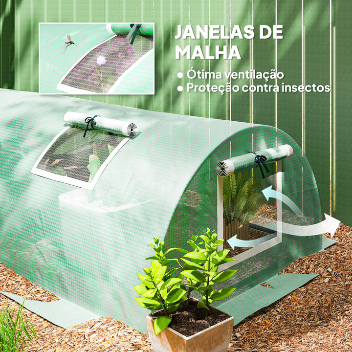 Estufa de Exterior 300x80x45 cm Estufa de Jardim com 5 Janelas de Rede Enroláveis, Estrutura em Aço e Cobertura de PE 140g/m² Anti-UV para Cultivo de Plantas e Flores Verde