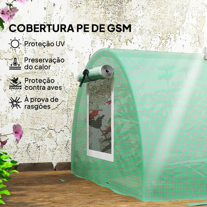 Estufa de Exterior 300x80x45 cm Estufa de Jardim com 5 Janelas de Rede Enroláveis, Estrutura em Aço e Cobertura de PE 140g/m² Anti-UV para Cultivo de Plantas e Flores Verde
