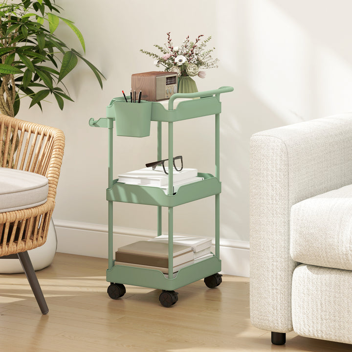 Carrinho Auxiliar com Rodas de 3 Níveis Carrinho de Cozinha com Cestos Extraíveis Rodas com Travão Suporte para Toalhas e Estrutura de Metal Carrinho de Serviço para Casa de Banho 42x42,5x76 cm Verde