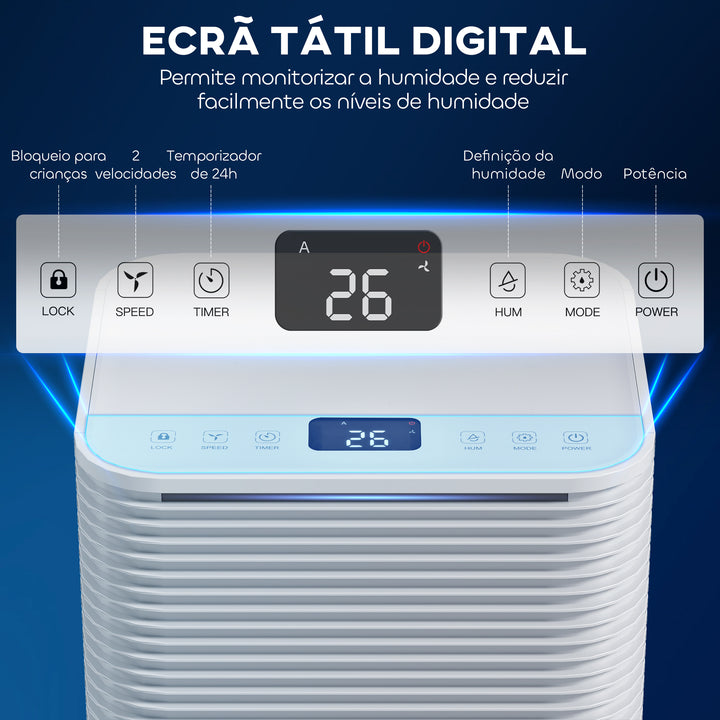Desumidificador 10L/dia Depósito 2L Silencioso Desumidificador Elétrico com 3 Modos Ecrã LED Temporizador 24h Bloqueio Infantil e Drenagem Contínua até 12m² Branco