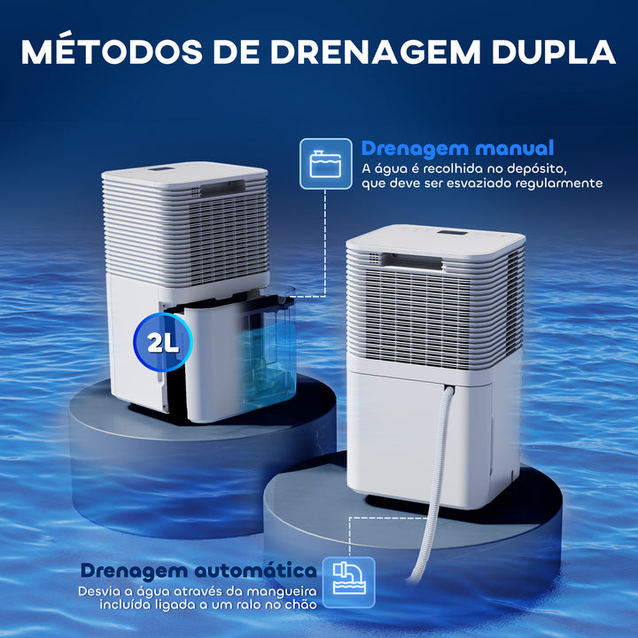 Desumidificador 10L/dia Depósito 2L Silencioso Desumidificador Elétrico com 3 Modos Ecrã LED Temporizador 24h Bloqueio Infantil e Drenagem Contínua até 12m² Branco