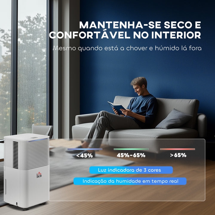 Desumidificador 10L/dia Depósito 2L Silencioso Desumidificador Elétrico com 3 Modos Ecrã LED Temporizador 24h Bloqueio Infantil e Drenagem Contínua até 12m² Branco