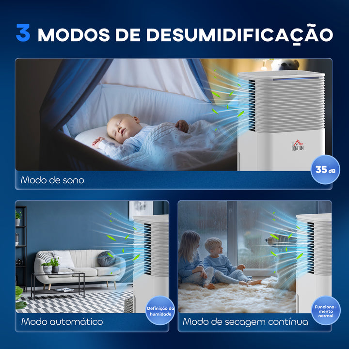 Desumidificador 10L/dia Depósito 2L Silencioso Desumidificador Elétrico com 3 Modos Ecrã LED Temporizador 24h Bloqueio Infantil e Drenagem Contínua até 12m² Branco